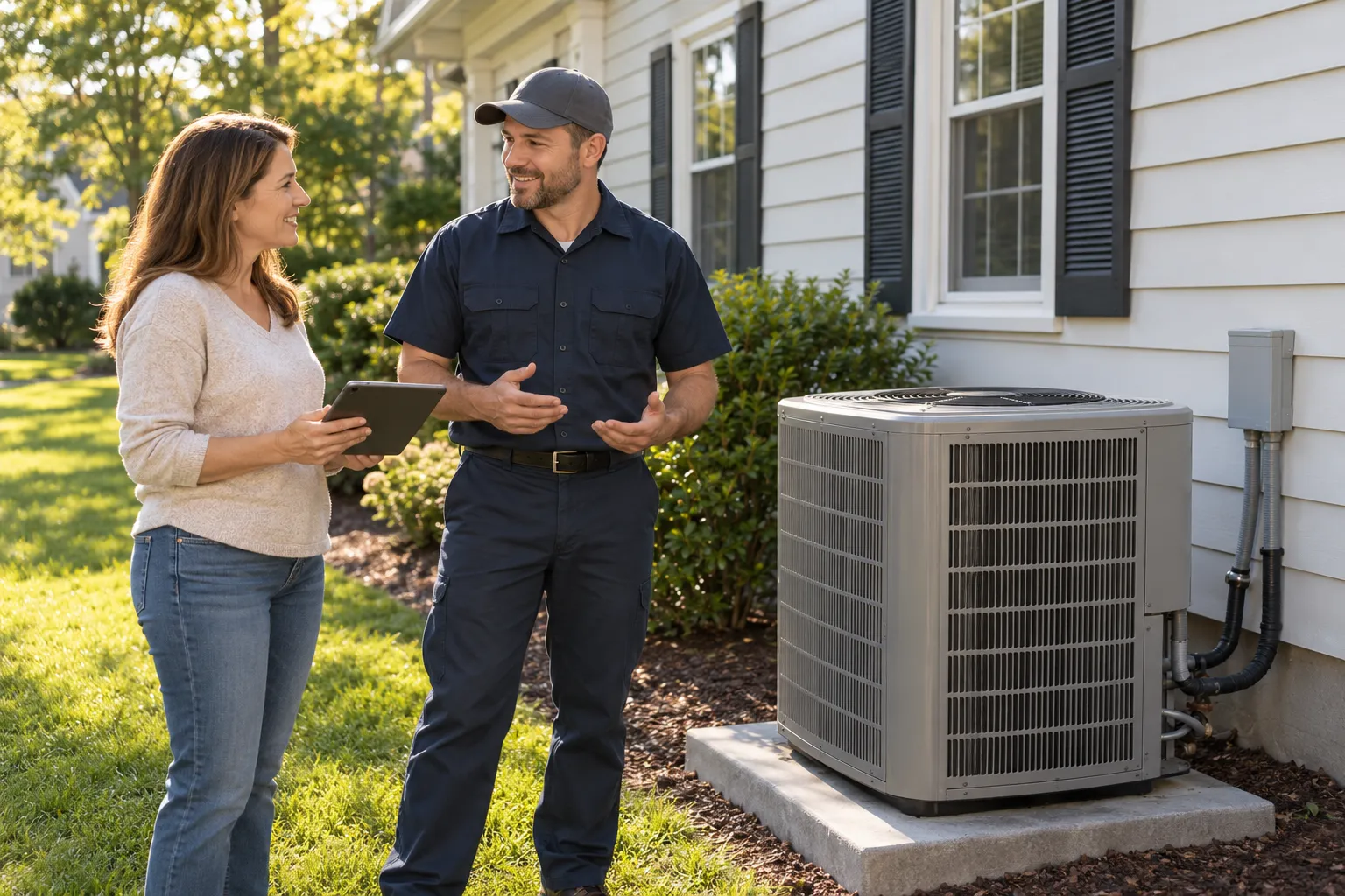 A friendly HVAC provider reviewing a new outdoor air conditioner with a homeowner at a house in the Mentor area