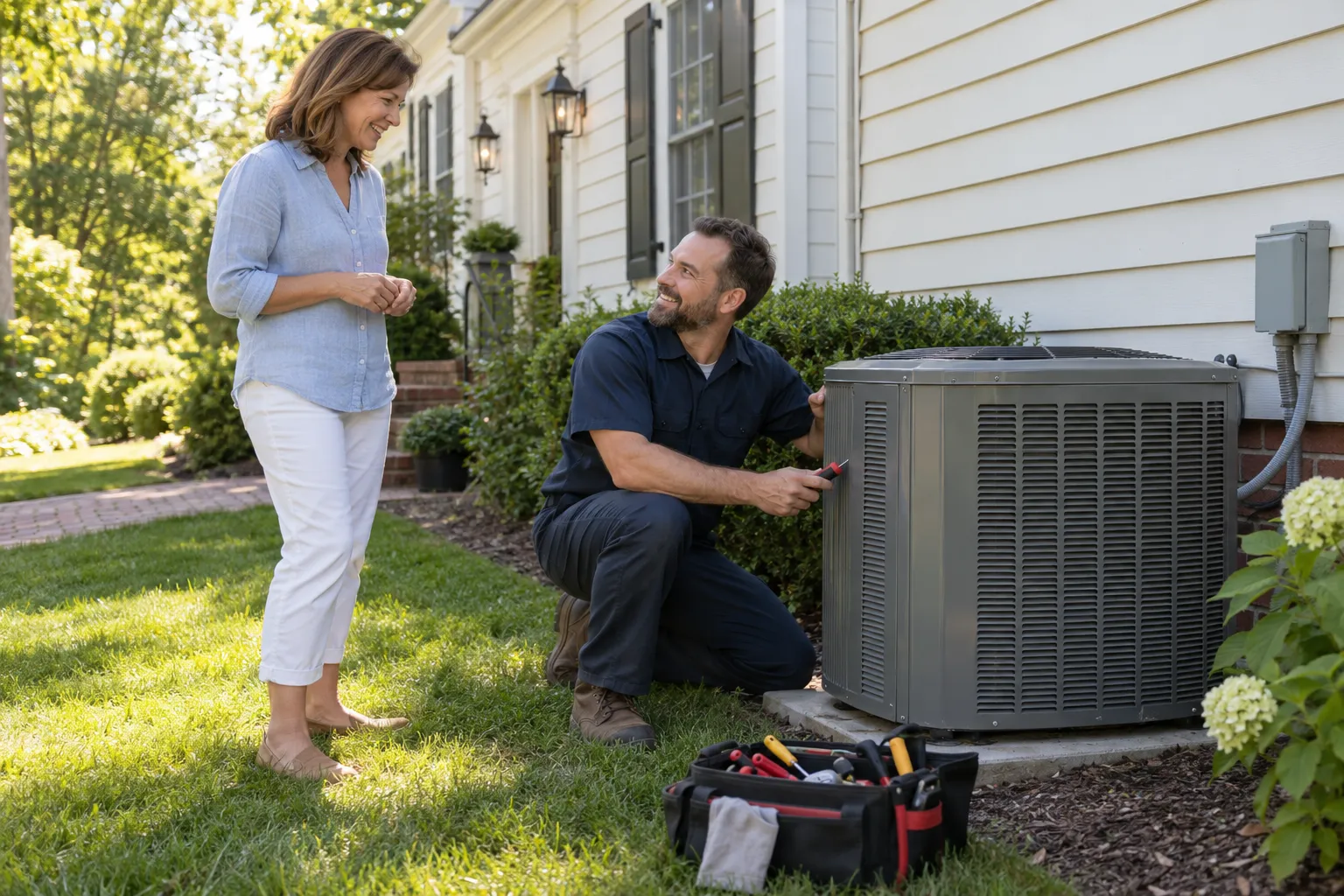 A local HVAC provider checking an outdoor air conditioner unit beside a home in Mentor