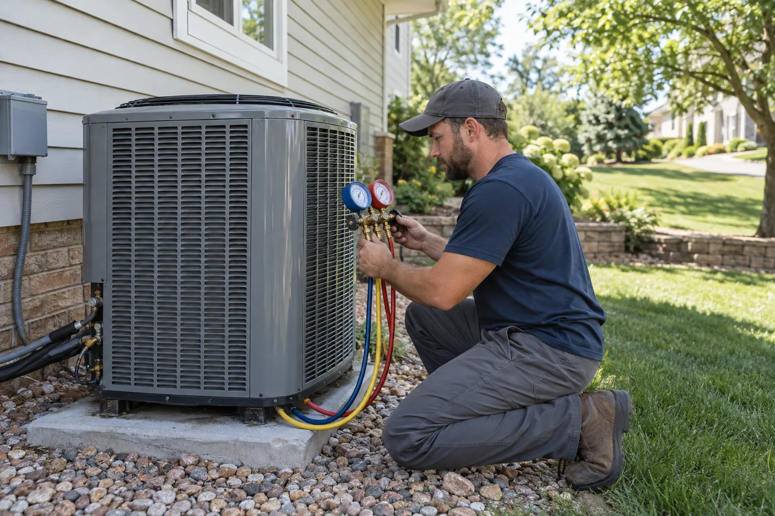 An HVAC provider inspecting an outdoor AC unit at a home in the Mentor area